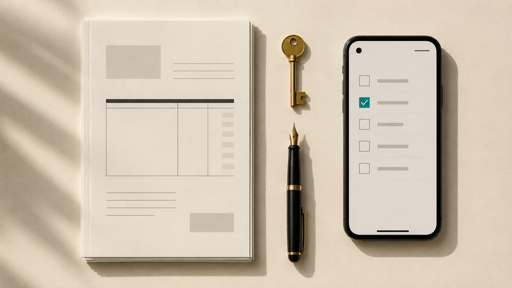An operator's desk seen from above: squared invoices, a brass key, a fountain pen, and a phone showing a checklist with one teal checkmark