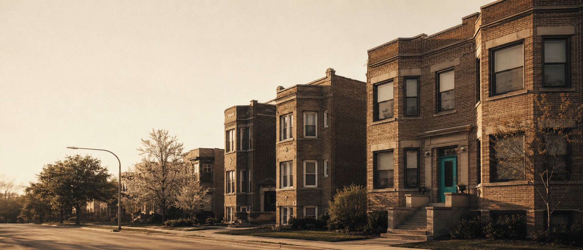 Brick three-flat apartment buildings on a quiet Chicago street at sunrise, one teal front door