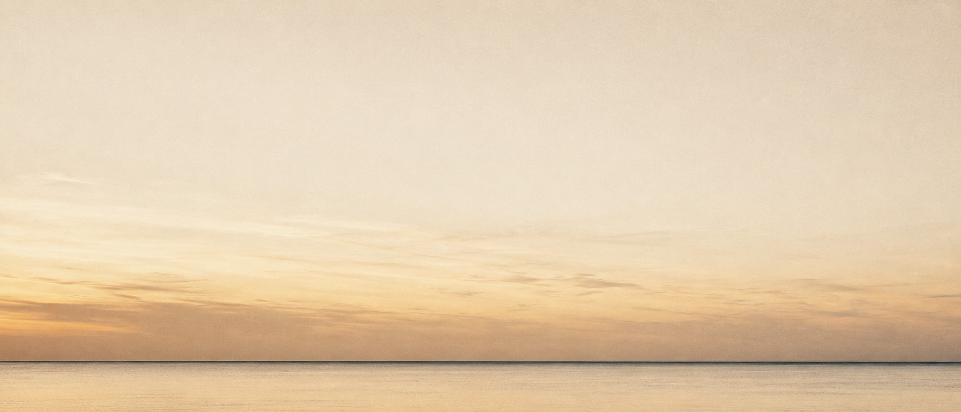 The Lake Michigan horizon at first light, calm water under a pale gold sky